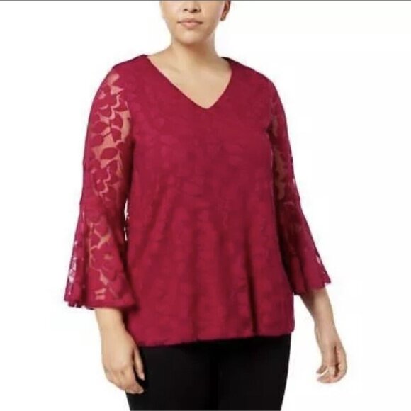 Alfani Tops - NWT Alfani Blouse Plus 3x Magenta Lace Bell Sleeves V Neck Stretch